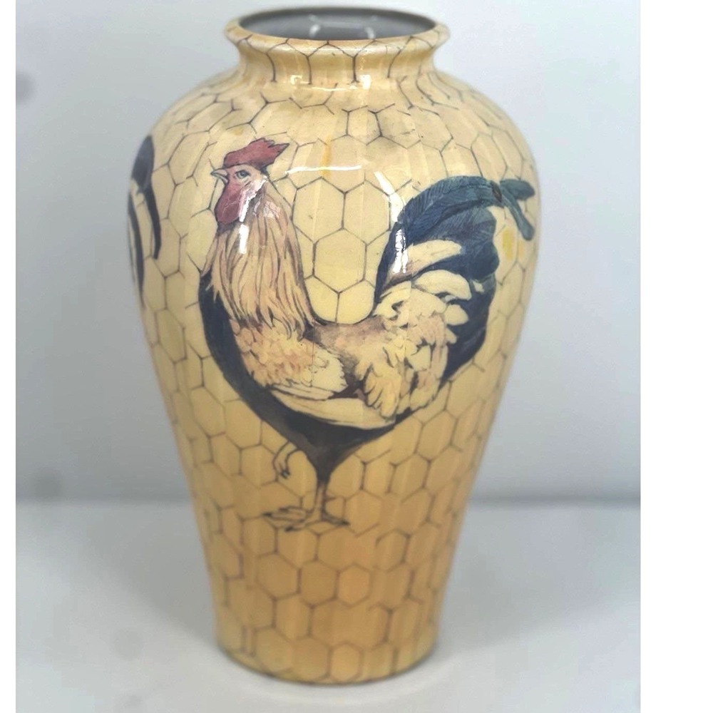Fitz and Floyd Rooster Vase Chicken Poultry Wire Yellow Farmhouse Vintage 9.5"